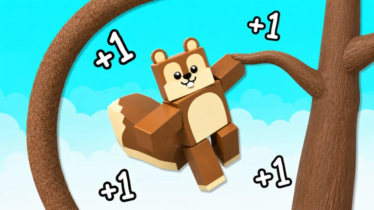 A blocky brown squirrel clinging to a curved vine against a flat cyan sky, with four plus-one markers around it