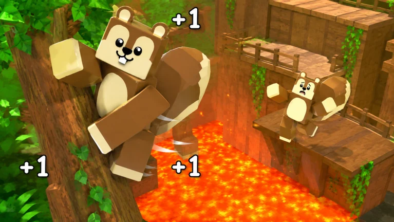Two blocky squirrels on a wooden climbing structure covered in vines, above an orange lava floor